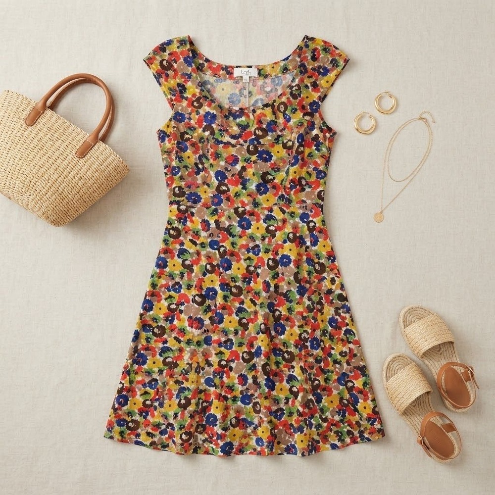 Loft Dress Womens 8 Multi-Color Floral Ruffle Neck A-Line Summer Casual Boho